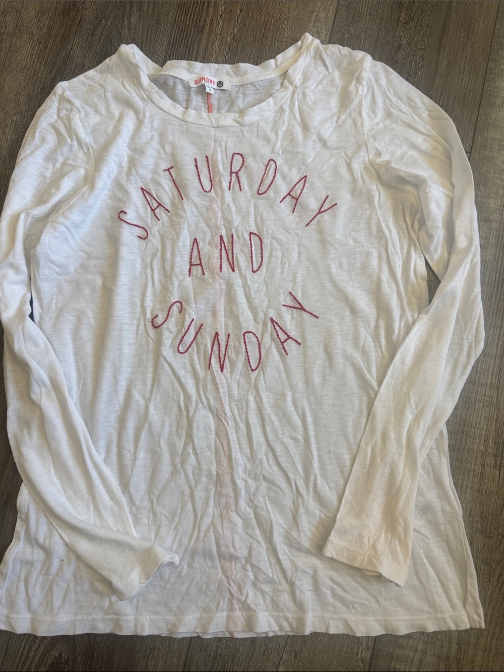Sunday White Long-Sleeve Tee with red Embroidered Text